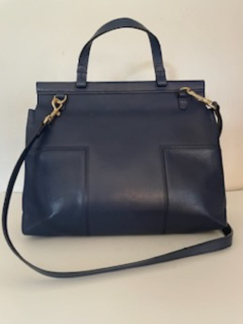 Authentic Tory Burch Leather Satchel Tote – Navy Blue with Red Interior